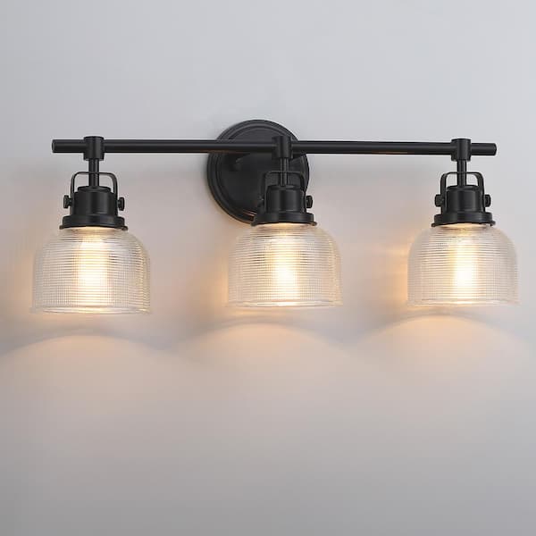 24 in. 3-Light Black Bathroom Vanity Light with Clear Prismatic Glass Shade