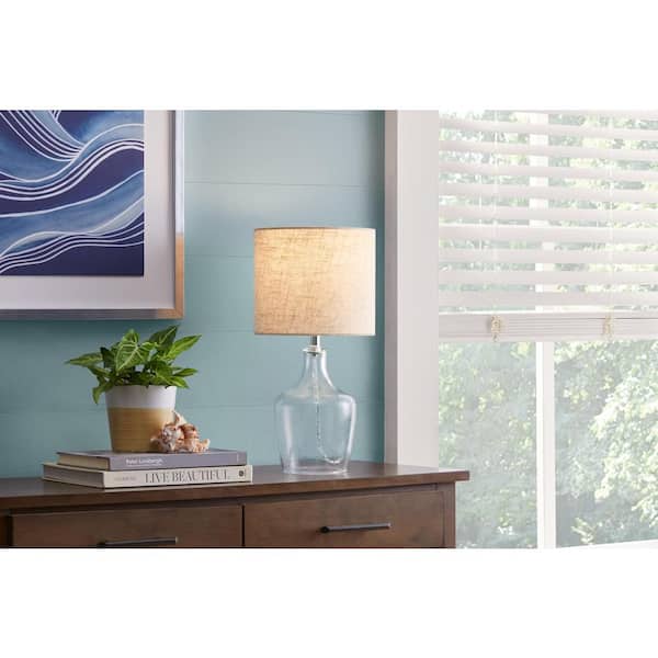 17.5 in. Clear Glass Table Lamp with Beige Fabric Shade