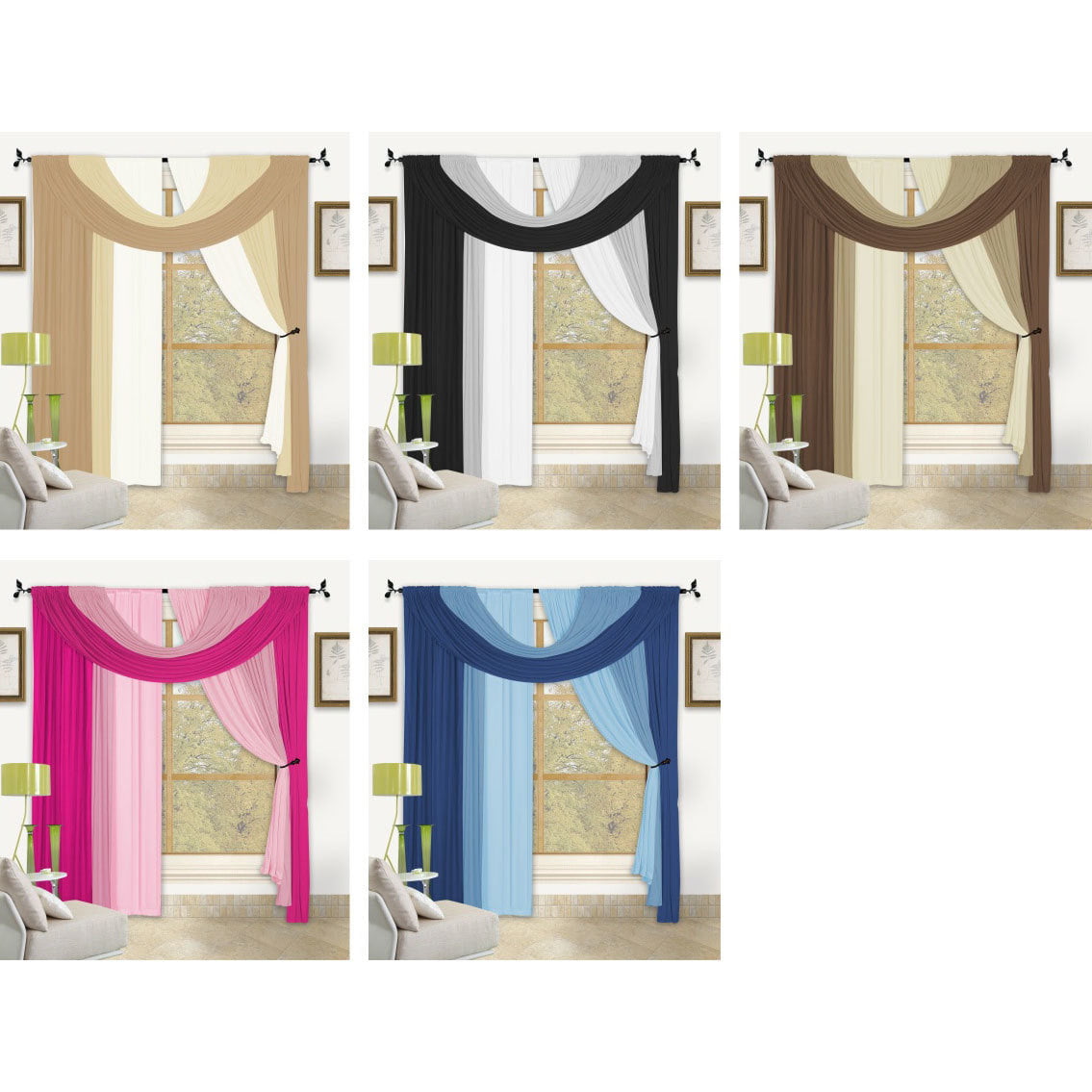 Bella 4 Piece Window in A Bag Set 2 Panels, Small Scarf, Large Scarf, Window Treatment Decor (Burgundy)