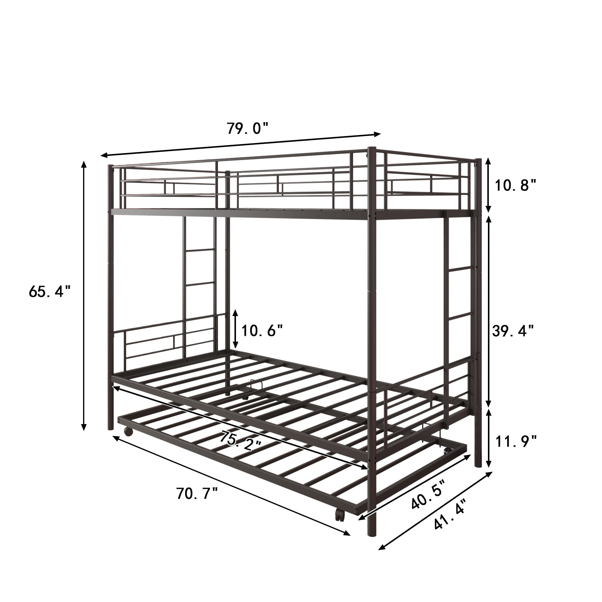uhomepro Metal Twin Over Twin Bunk Beds with Trundle Bed, Twin Bunk Beds for Kids Adults Teens, Bunk Bed Can Be Divided Into 2 Twin Beds with Trundle, 2 Ladders, No Box Spring Need, Black