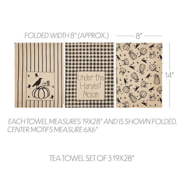 Raven Harvest Black Autumn Pumpkins Moons Stripes Muslin Cotton Kitchen Towel Set (Set of 3)