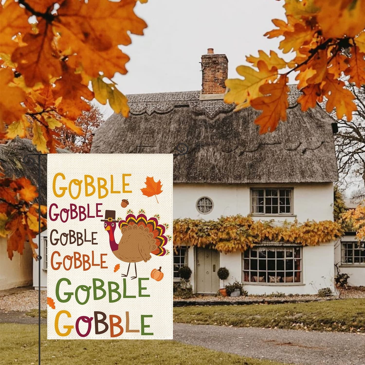 Artoid Mode Turkey Thanksgiving Gobble Gobble Burlap Garden Flag 12 x 18 Inch