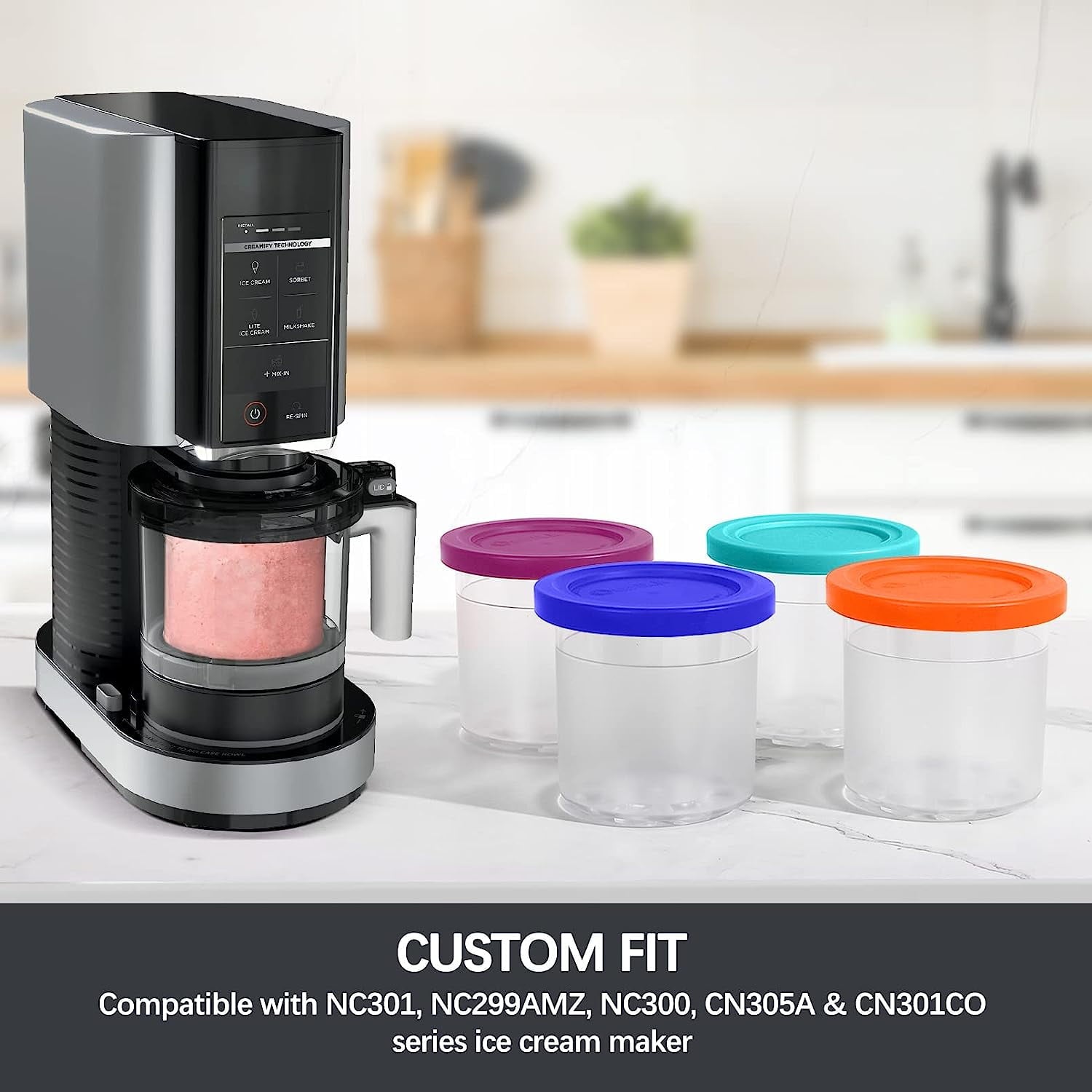 URRU Containers Replacement for Ninja Creami Pints and Lids - 4 Pack, 16oz Cups Compatible with NC301 NC300 NC299AMZ Series Ice Cream Maker - Dishwasher Safe, Leak Proof Lids