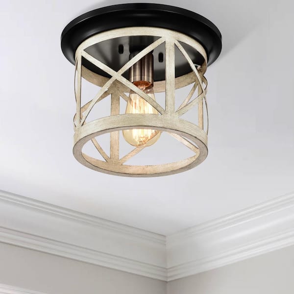 9.75 in. 1-Light Oil-Rubbed Bronze and Briarwood Finish Cage Drum Flush Mount