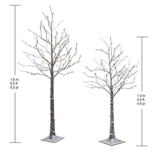Pre Lit Flocked Artificial Birch Tree 296 Warm White LED Lights Set of 2