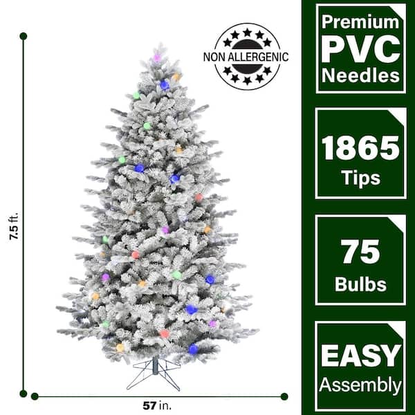 7.5 ft. Pre-Lit Full White Tail Pine Snow-Flocked Artificial Christmas Tree with Colorful Bulbs
