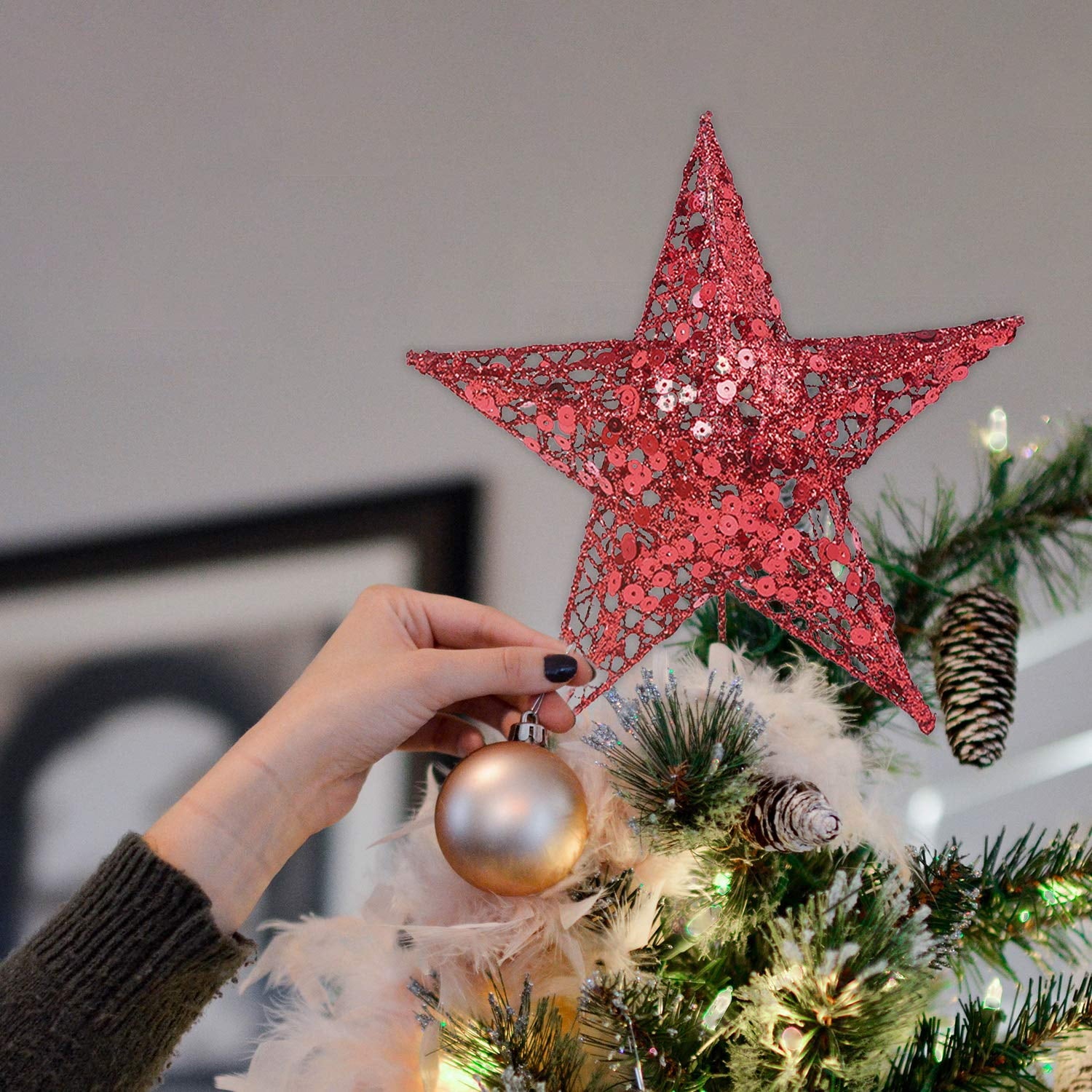Christmas Tree Star Topper, 9.8in Xmas Tree Topper Star Christmas Decoration Glittered Tree-top Star for Christmas Tree Ornament Indoor Party Home Decoration(Red)