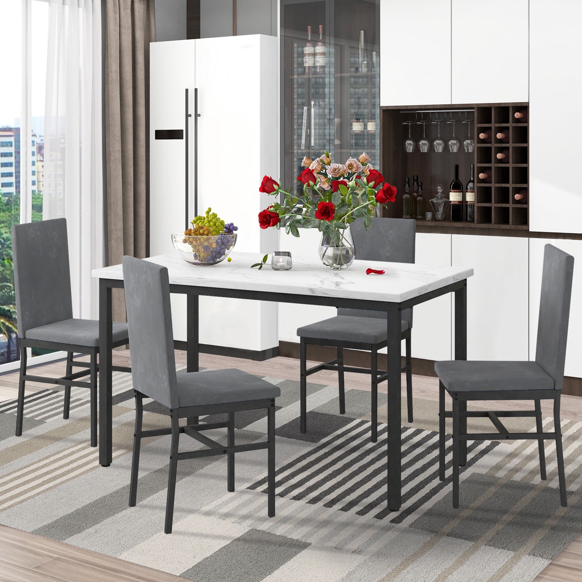 Paproos Dining Table Set for 4, Modern 5-Piece Kitchen Table Set with Marble Top and Velvet Upholstery Chairs, Heavy Duty Dinette Sets for Breakfast Nook, Dining Room Table and Chairs, Gray