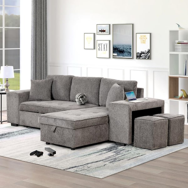 104 in. Reversible L-Shape 3 Seat Couch Pull Out Sleeper Sectional Sofa Set with Storage Chaise and Stools,Knox Charcoal