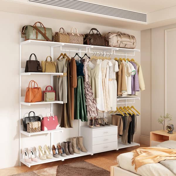 White Metal Frame Hall Tree Clothes Rack Closet Shoe Organizer with Hanging Rods and Open Shelf, Drawers