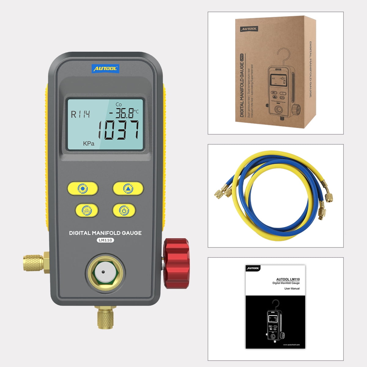 AUTOOL Refrigeration Digital HVAC Vacuum Pressure Manifold Tester, Pressure Gauge, Air-Conditioning HVAC Tools, r134a Refrigerant Recharge Kit, LM110