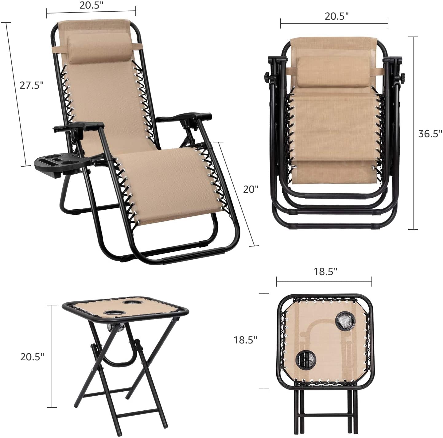 Vineego 3 Pieces Zero Gravity Chair Patio Foldable Chaise Lounge Chairs 2 Beach Chairs and Table with Cup Holders,Beige