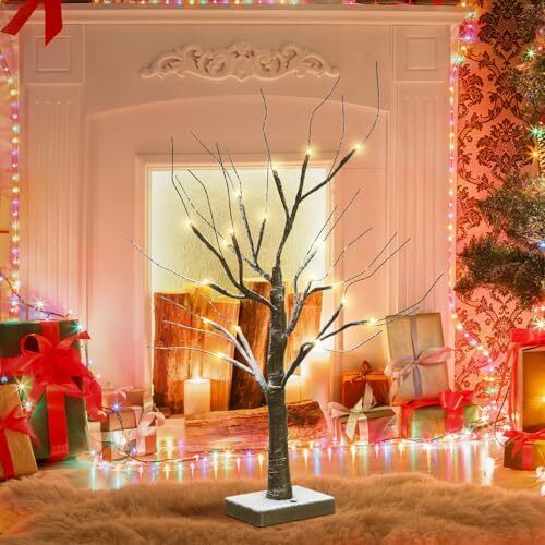 Winter Decorations, 2FT Brown Snowy Birch Tree with Warm White LED Lights, 24...