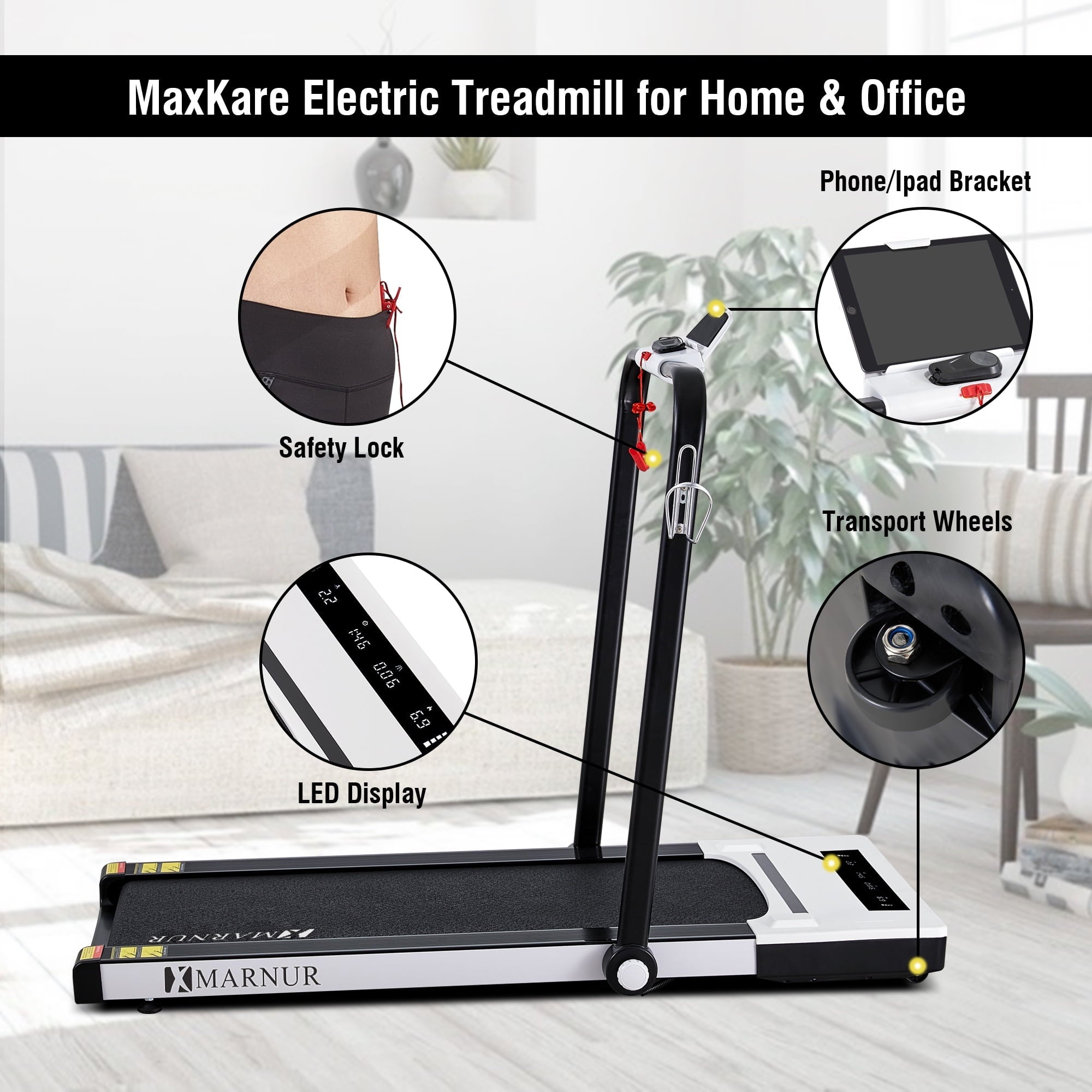 MARNUR 2 in 1 Folding Treadmill 2.2HP Under Desk Treadmill for Fitness with LED Display, Remote Control, Walking Jogging Running Exercise Machine for Home Office, Maximum Weight 220 lbs