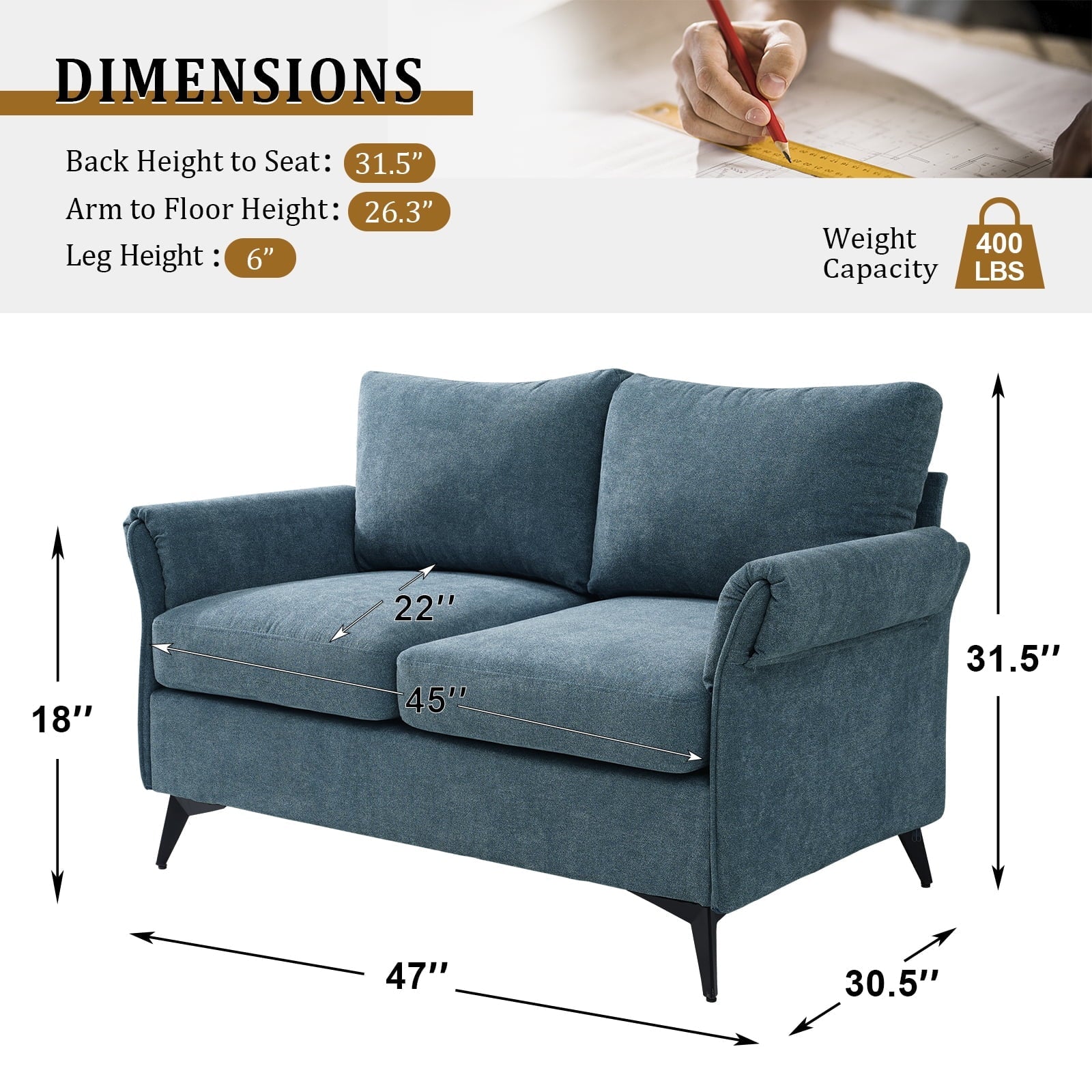 Fairyland Modern Sofa for Living Room, Small Loveseat for Small Space, Easy to Install, Blue