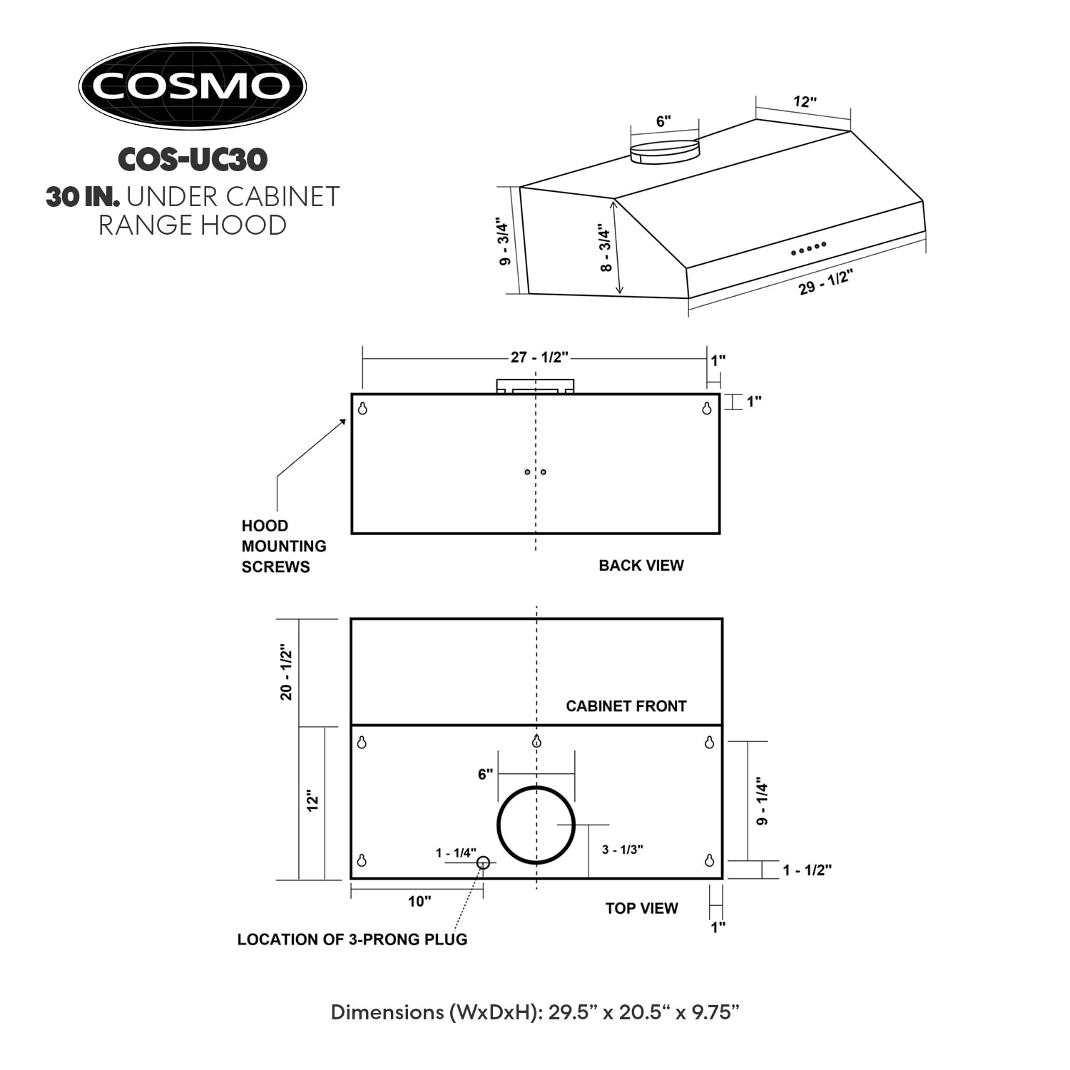 Cosmo Range Hoods UC30 30 in. 380 CFM Ductless Under-Cabinet Range Hood