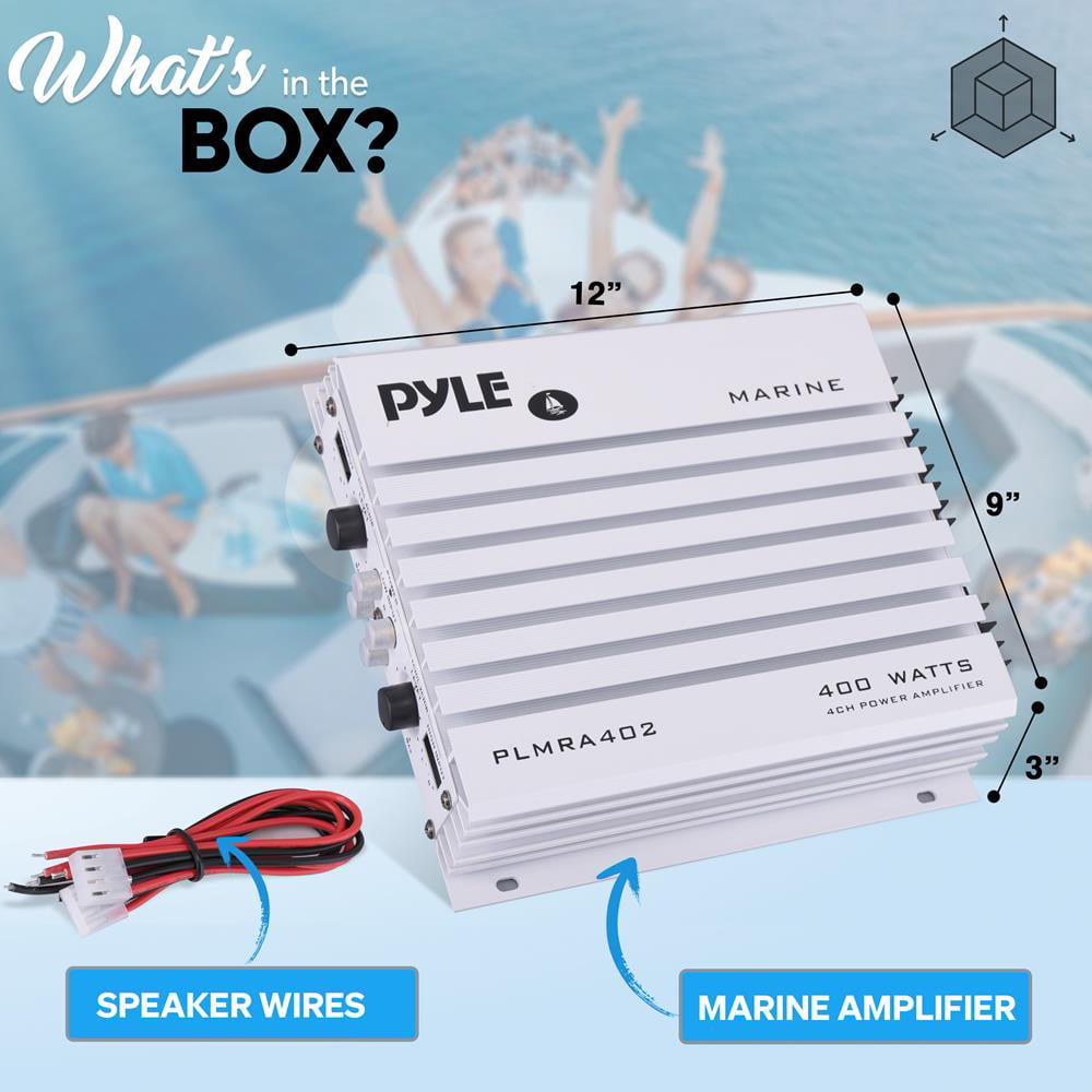 Pyle Hydra Marine Amplifier - Upgraded Elite Series 400 Watt 4 Channel Audio Amplifier - Waterproof, Dual MOSFET Power Supply, GAIN Level Controls, RCA Stereo Input & LED Indicator - PLMRA402