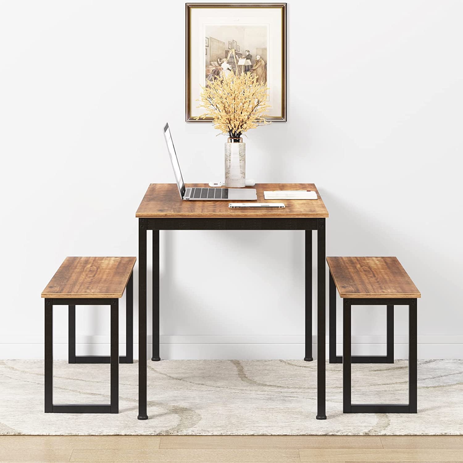 SOGES 3  Modern and Space-Saving Dining Table and Chairs Set ,Accommodates 4 Adults or 6 Children, High Scratch Resistance , Iron Frame ,Brown