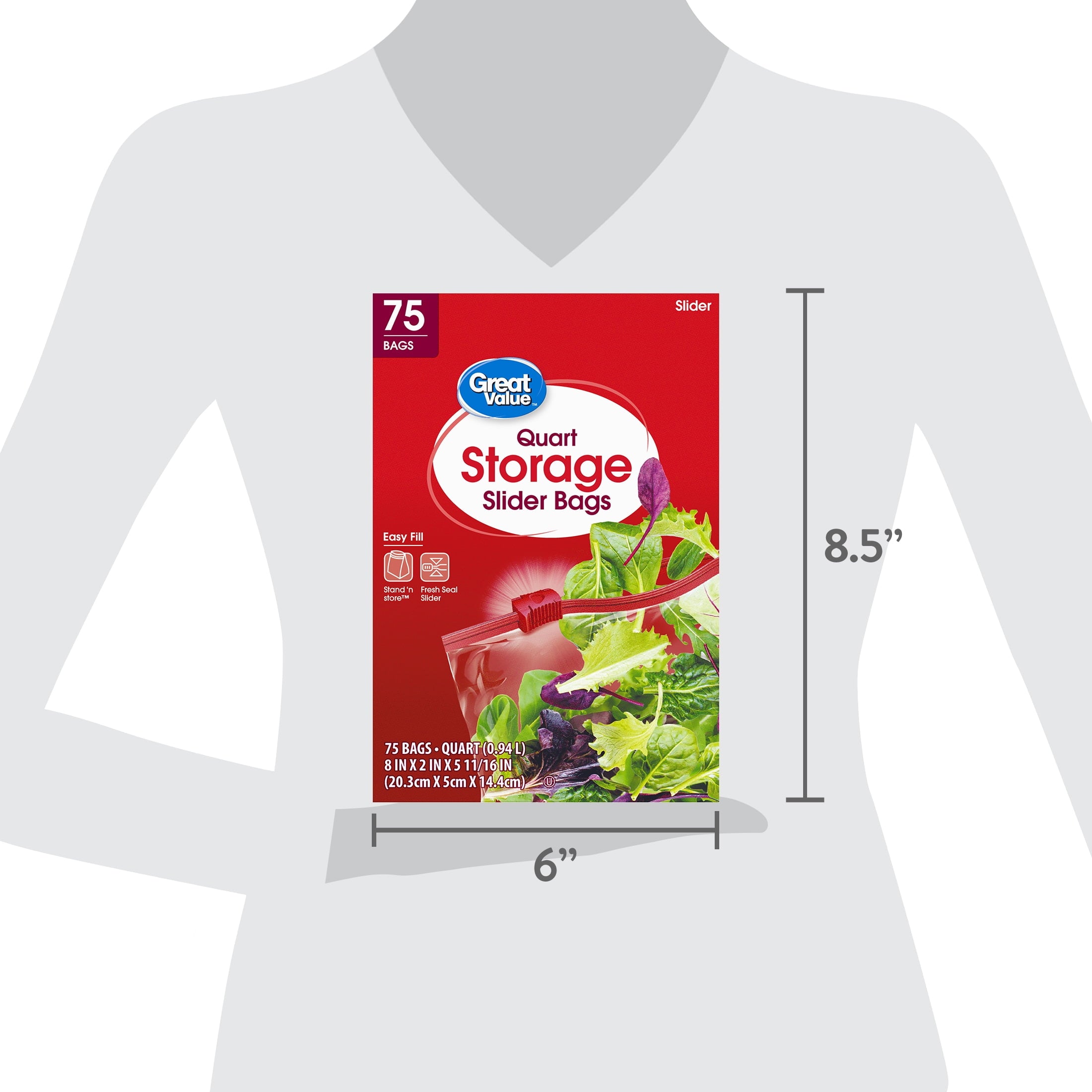 Great Value Fresh Seal Slider Zipper Bags, Quart Storage, 75 Count