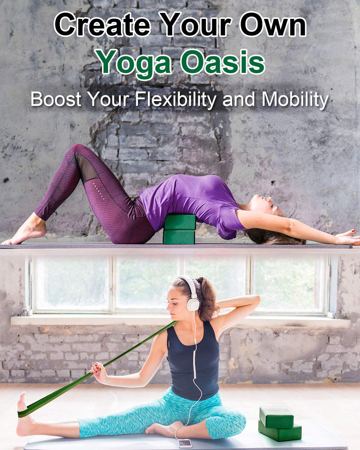 Tumaz Yoga Blocks 2 Pack with Strap, Lightweight Foam Yoga Blocks, Green