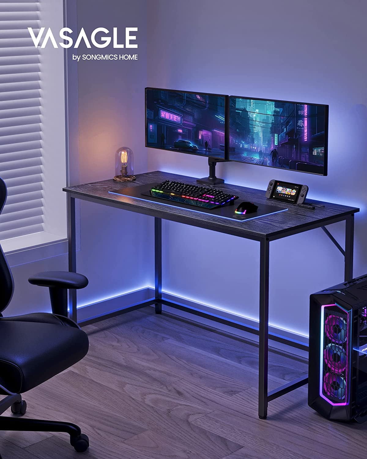 VASAGLE Computer Desk, Home Office Small Study Workstation, Simple Assembly, Steel Frame, 23.6” x 47.2” x 29.5” Inches, Black with Wood Grain