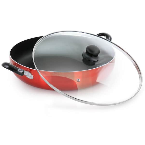 16 in. Red Aluminum Deep Fryer Frying Pan with Glass Lid