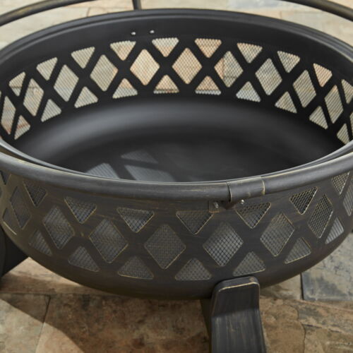 Round Lattice Wood Burning Fire Pit with Cover, Antique Bronze 35"