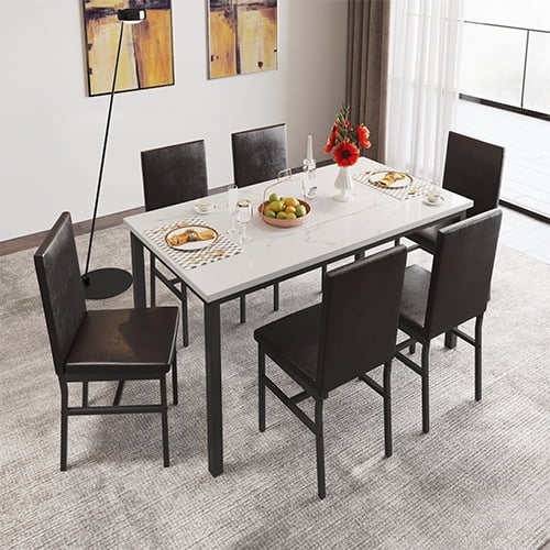 7 Piece Kitchen Dining Table & Chair Set, Dining Room Table Set with Faux Marble Tabletop PU Leather Padded Chairs, Rectangle Dining Table Set for 6, Dinette Set for Kitchen Dining Room Small Space
