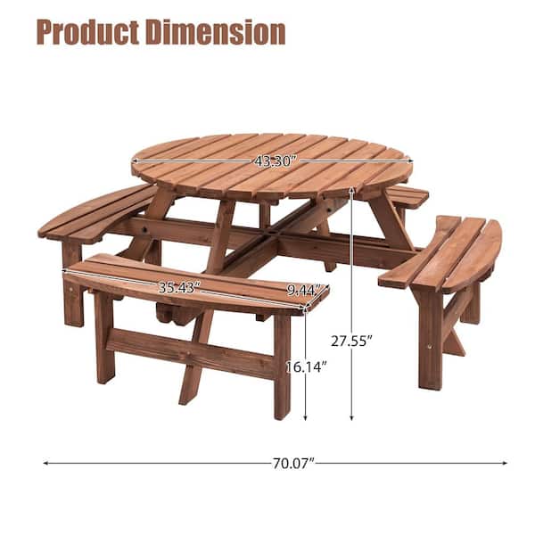70.07 in. W Brown Solid Wood 8 Person Wooden Picnic Table Garden DIY w/4 Built-in Benches