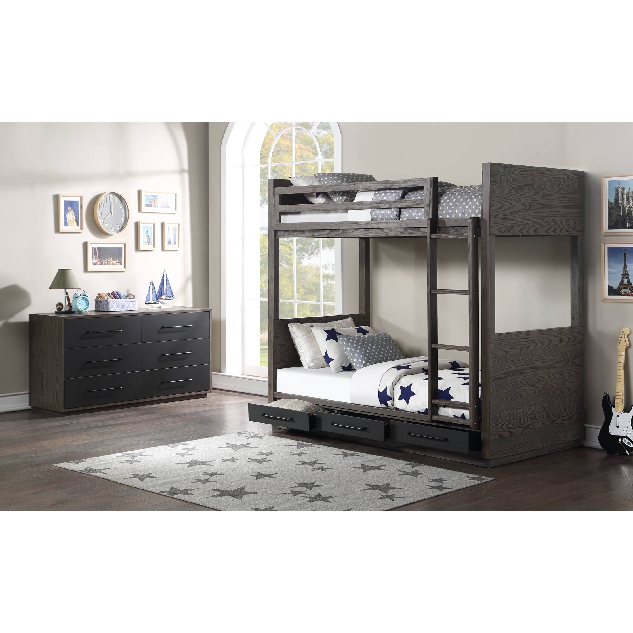 ACME Estevon 6-Drawer Rectangular Dresser in Gray Oak and Black