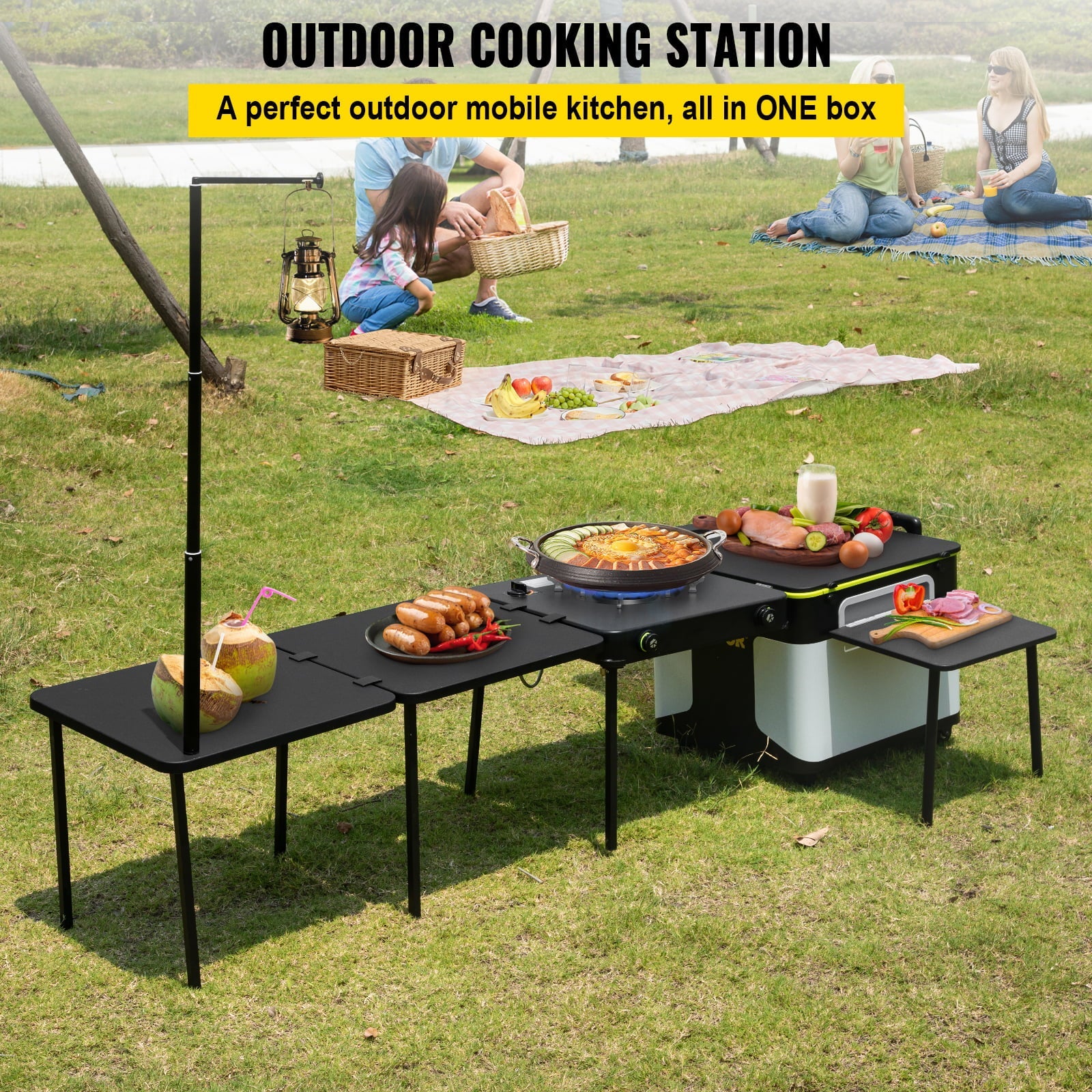 Outdoor Mobile Kitchen, Portable Multifunctional Camping Kitchen station, All in One Integrated Folding Cooking Box with Windproof Stove, Folding Tables Storage Organizer for Beach BBQ Picnic