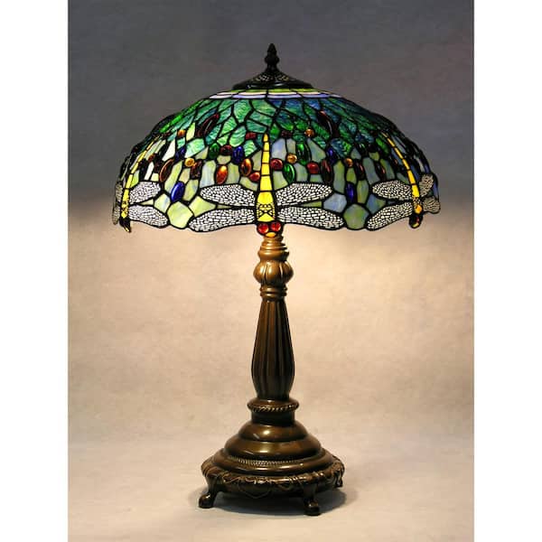 22 in. Antique Bronze Dragonfly Stained Glass Table Lamp with Pull Chain