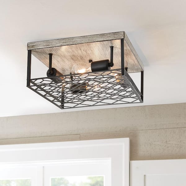 Heather Glen 12.4 in. 4-Light Black Square Flush Mount, Industrial Ceiling Light