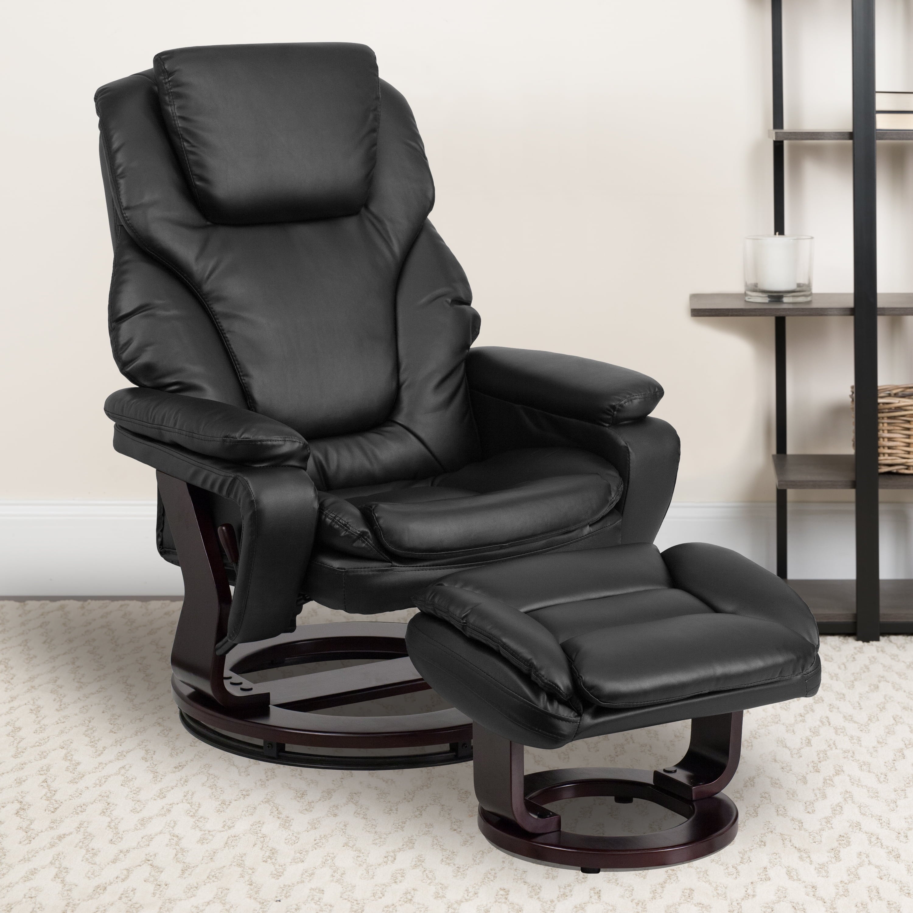 Emma + Oliver Multi-Position Recliner & Ottoman with Swivel Wood Base in Brown Microfiber