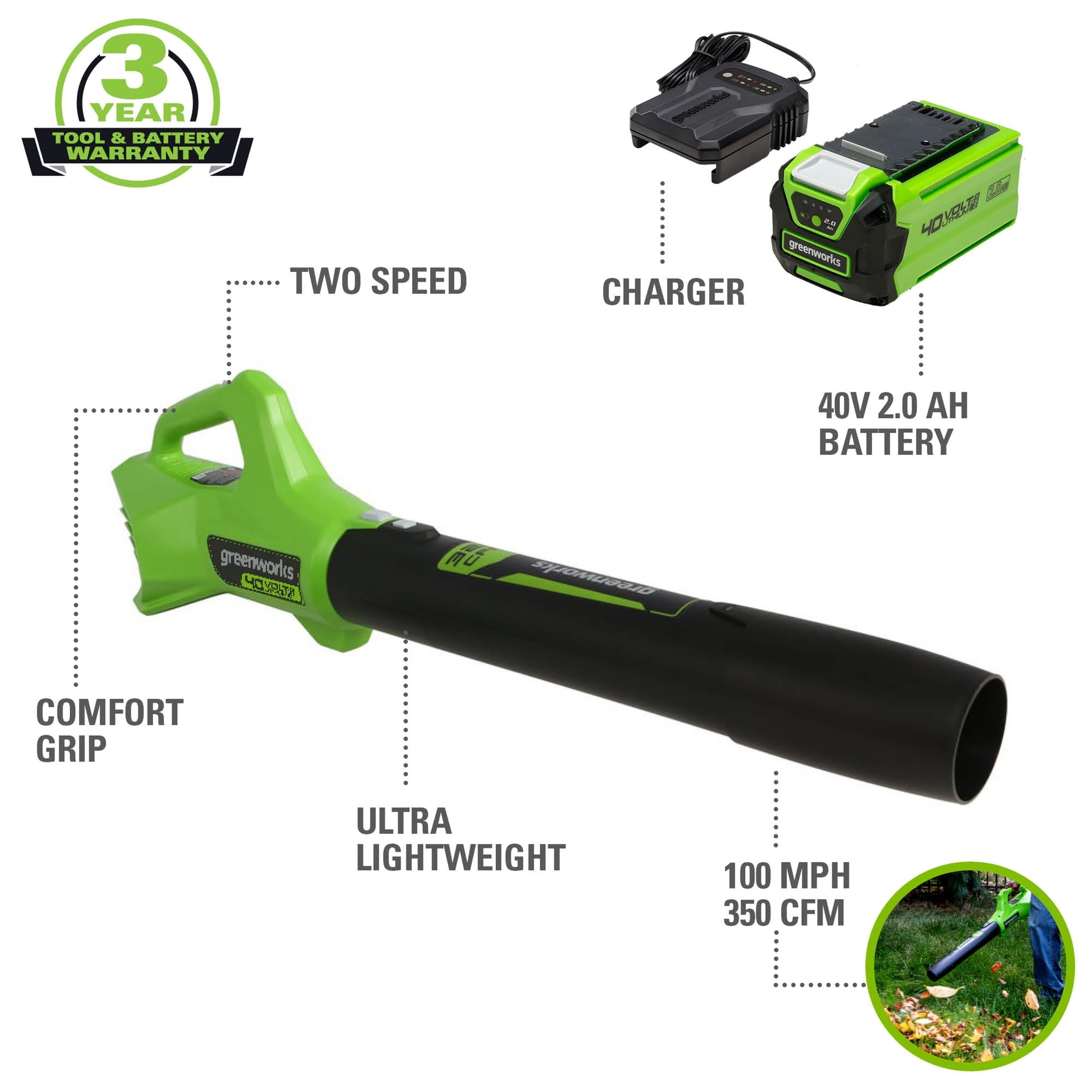 Greenworks 40V 350 CFM Leaf Blower With 2.0 Ah Battery, 2412002