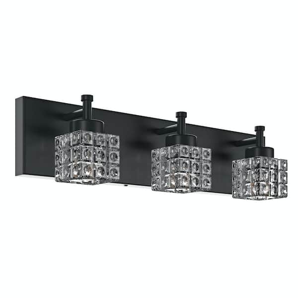 19.7 in. 3-Light Dimmable Black Bathroom Vanity Light with Crystal Glass Shades