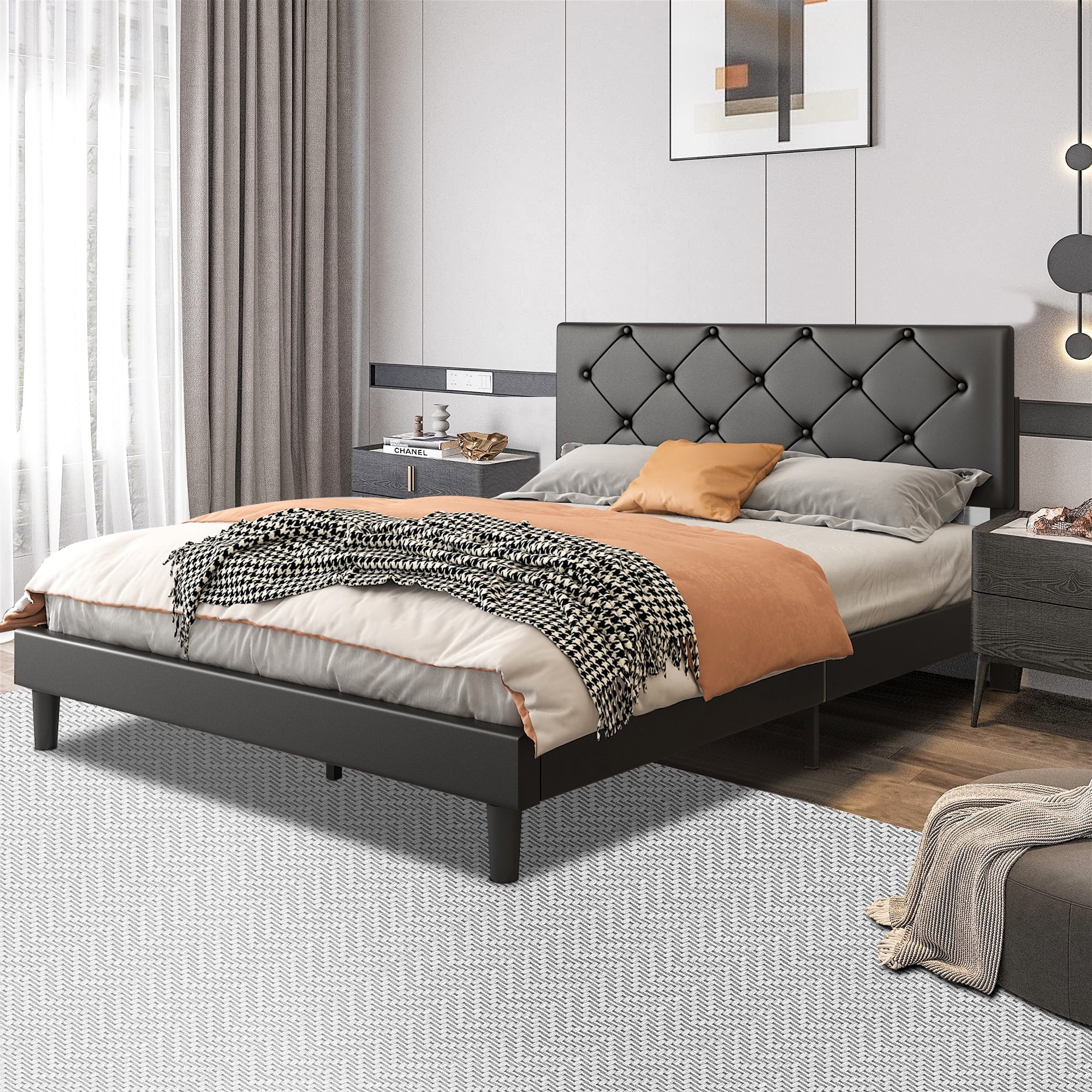 uhomepro Modern Upholstered Platform Queen Bed Frame with Headboard, Black Bed Frame with Wood Slat Support, Mattress Foundation for Adults Kids, No Box Spring Needed