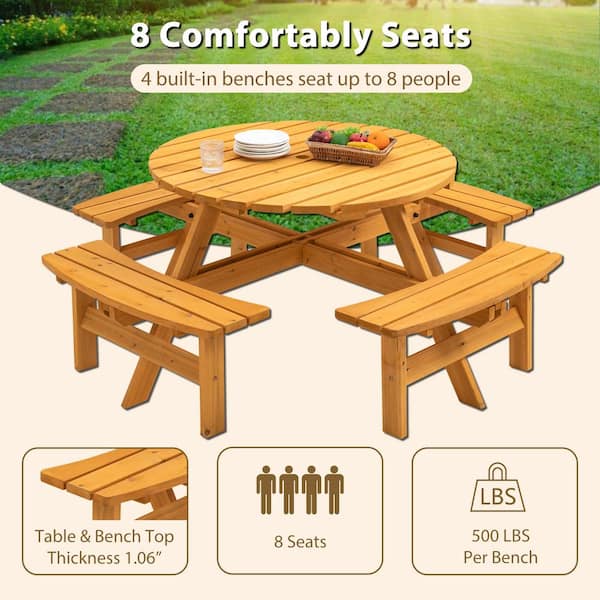 43.3 in. Brown Round Circular Solid Wood Picnic Table Seats 8-People with Umbrella Hole
