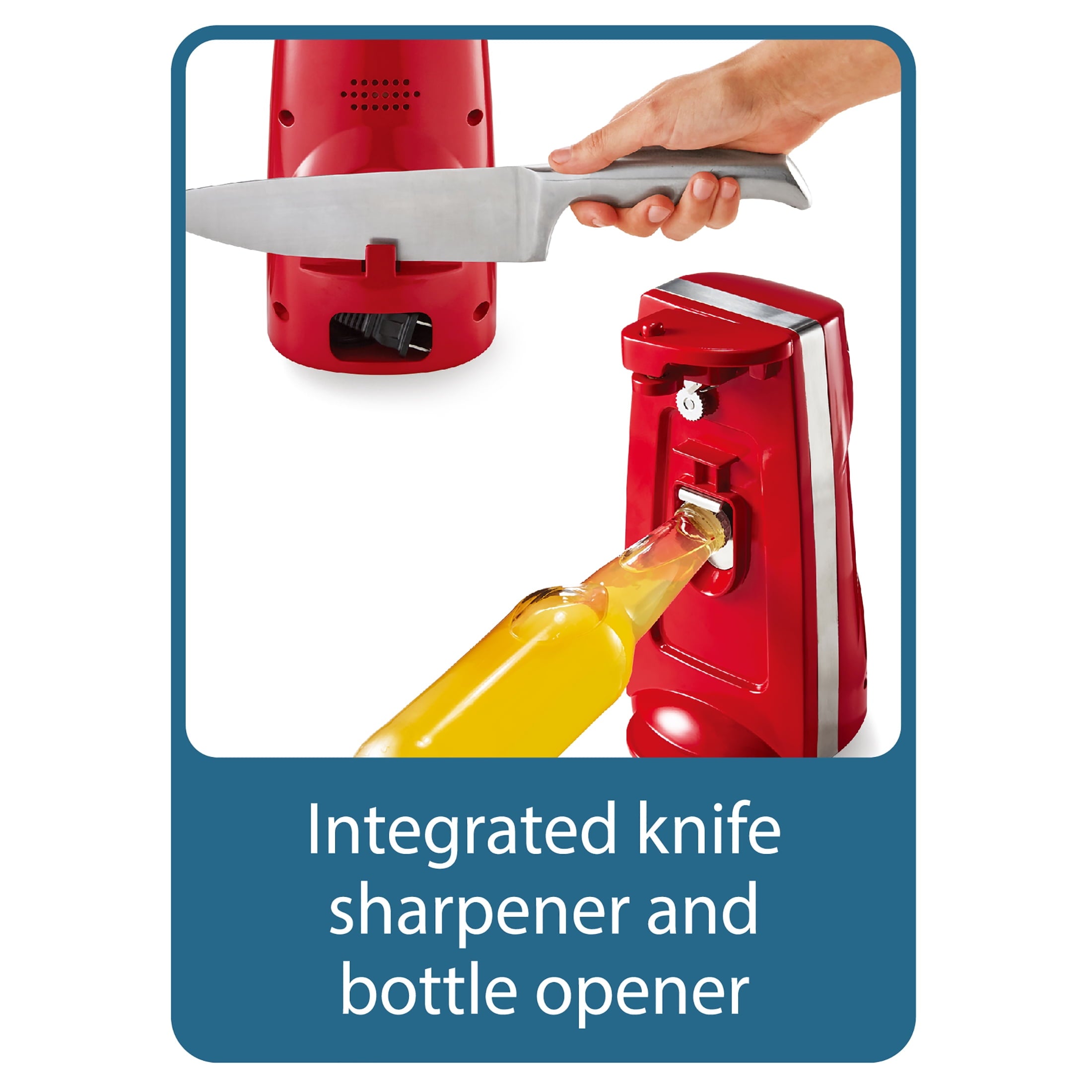 Farberware Can Opener and Knife Sharpener, Bottle Opener with Removable Cutting Lever and Cord Storage, Stainless Steel Blade,Red