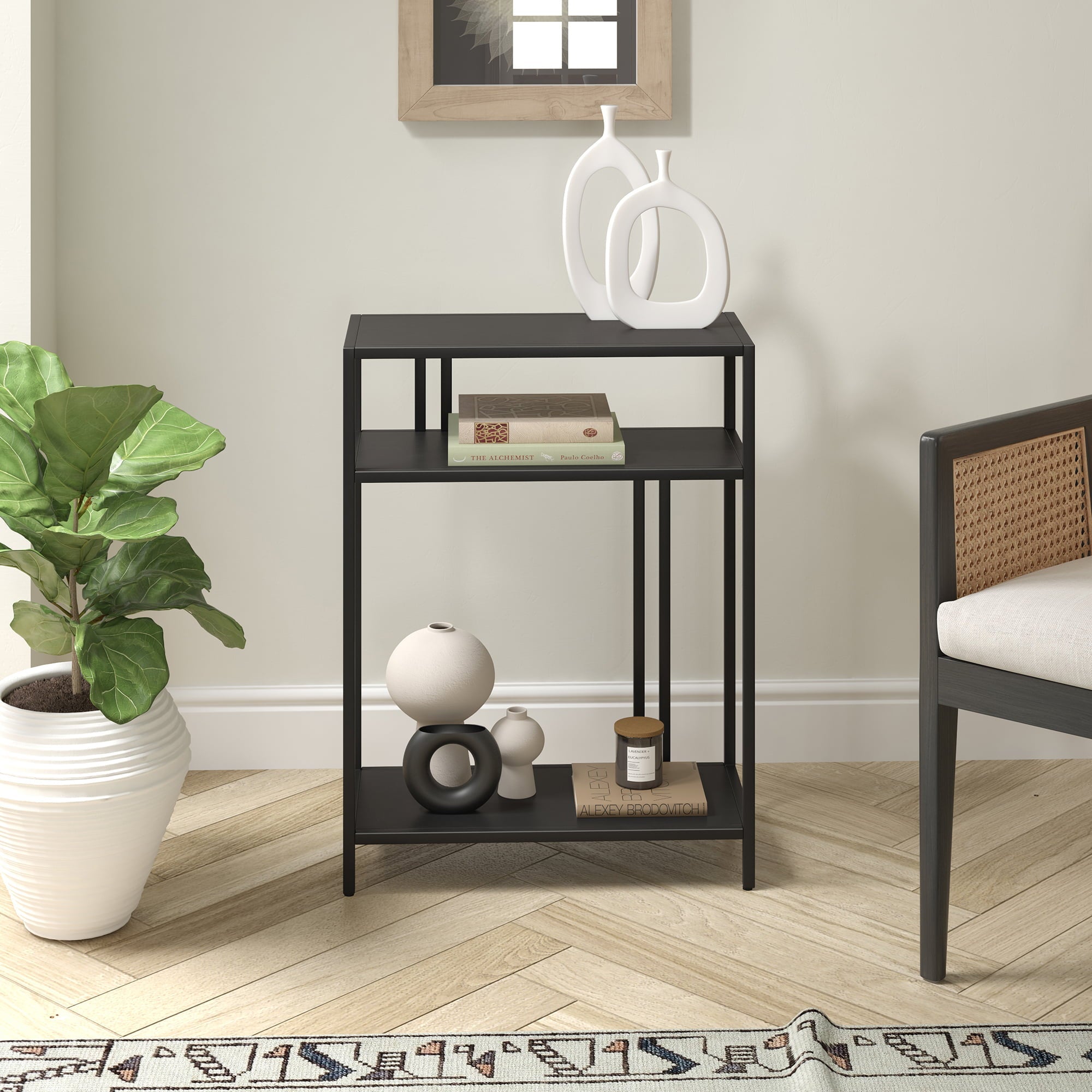 Evelyn&Zoe Industrial 22 in. Blackened Bronze Console Table with Metal Shelves
