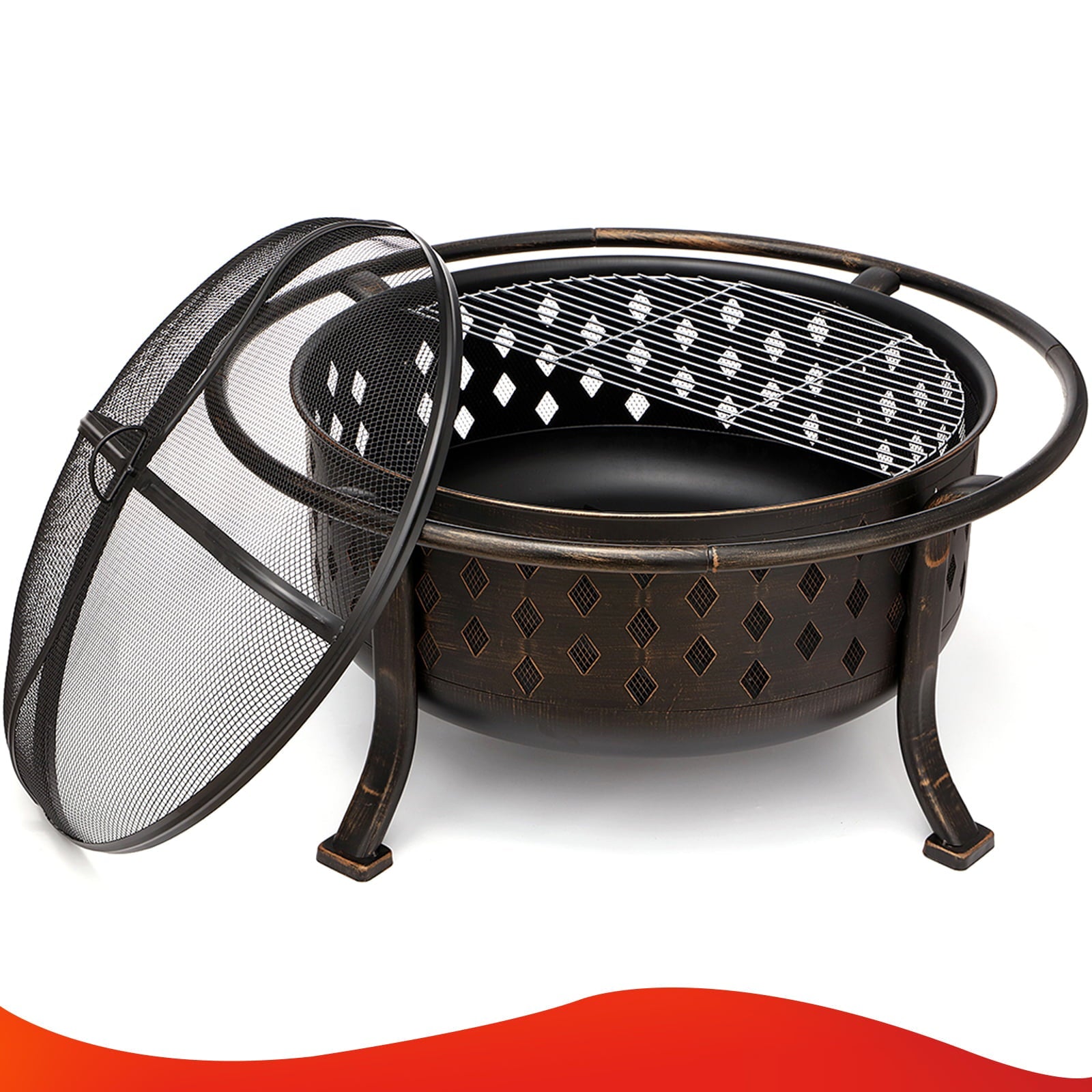Singlyfire 36 Inch Fire Pits for Outside Wood with Cooking Grill Grate, Spark Screen, Log Grate