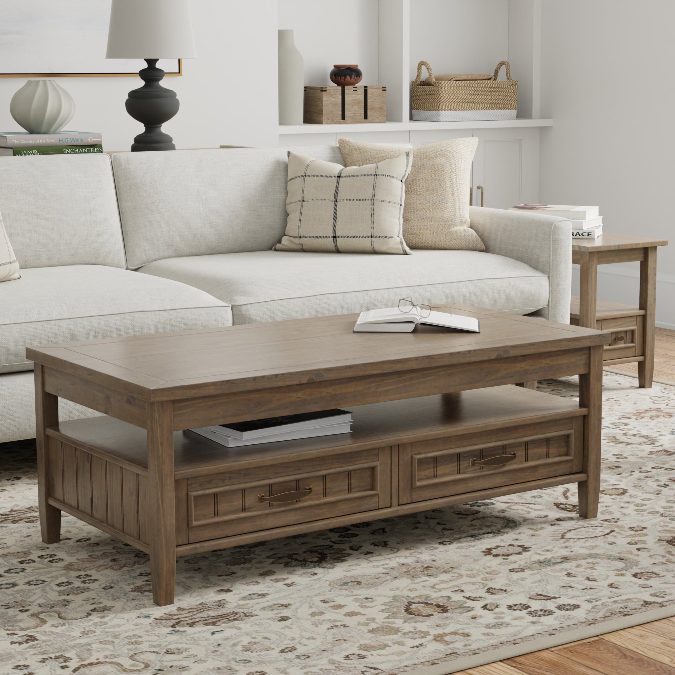 Simpli Home Lev SOLID WOOD 48 inch Wide Rectangle Transitional Lift Top Coffee Table in Smoky Brown