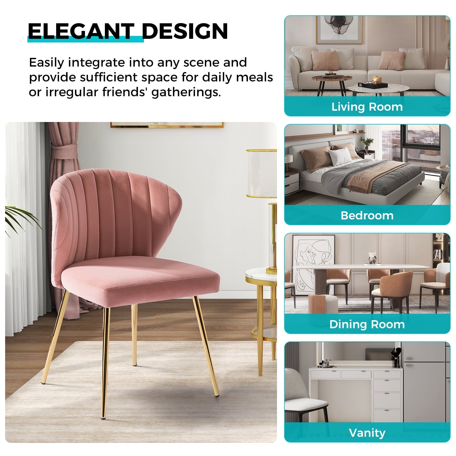 14 Karat Home Modern Wingback Accent Chair Dining Chairs with Gold Metal Legs Pink