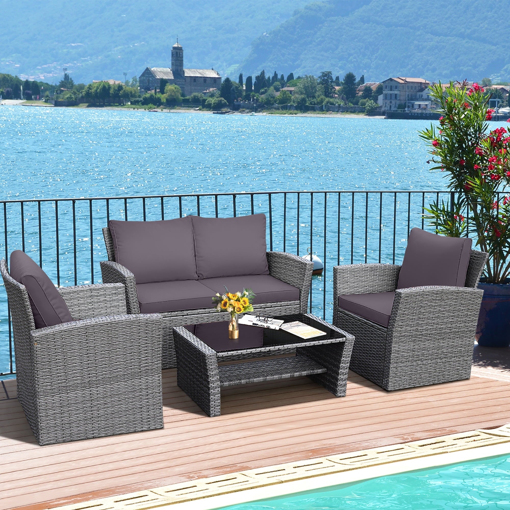 Gymax 4PCS Patio Rattan Conversation Set Outdoor Furniture Set w/ Grey Cushions