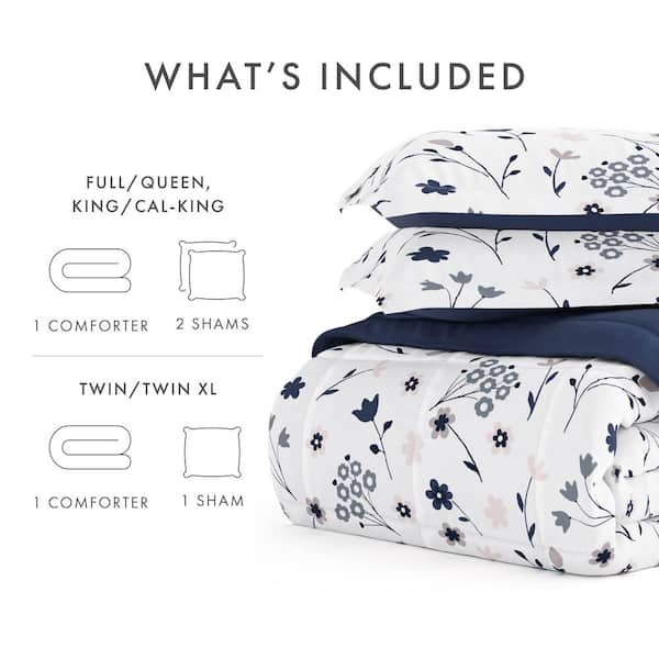 Premium Down Alternative Navy Forget Me Not Reversible Microfiber King Comforter Set