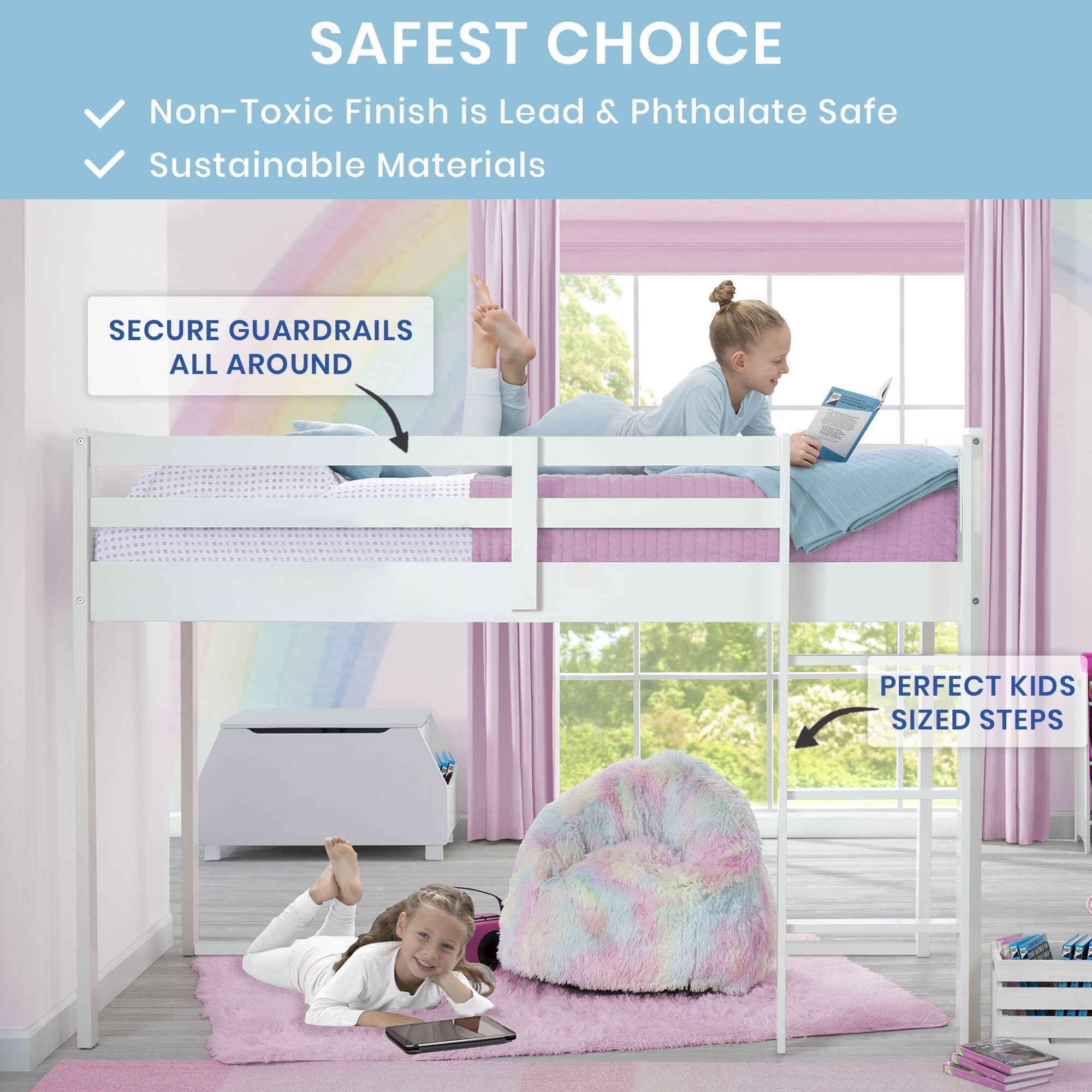 Delta Children Twin Loft Bed with Guardrail and Ladder, White