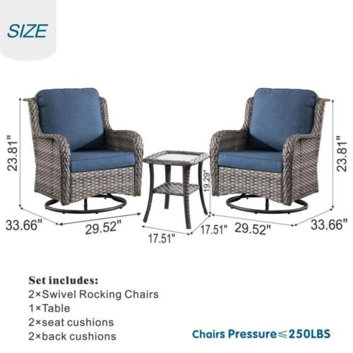 OVIOS Patio Conversation Seating Set w/ Swivel Rocking Chair+Denim Cushion Blue