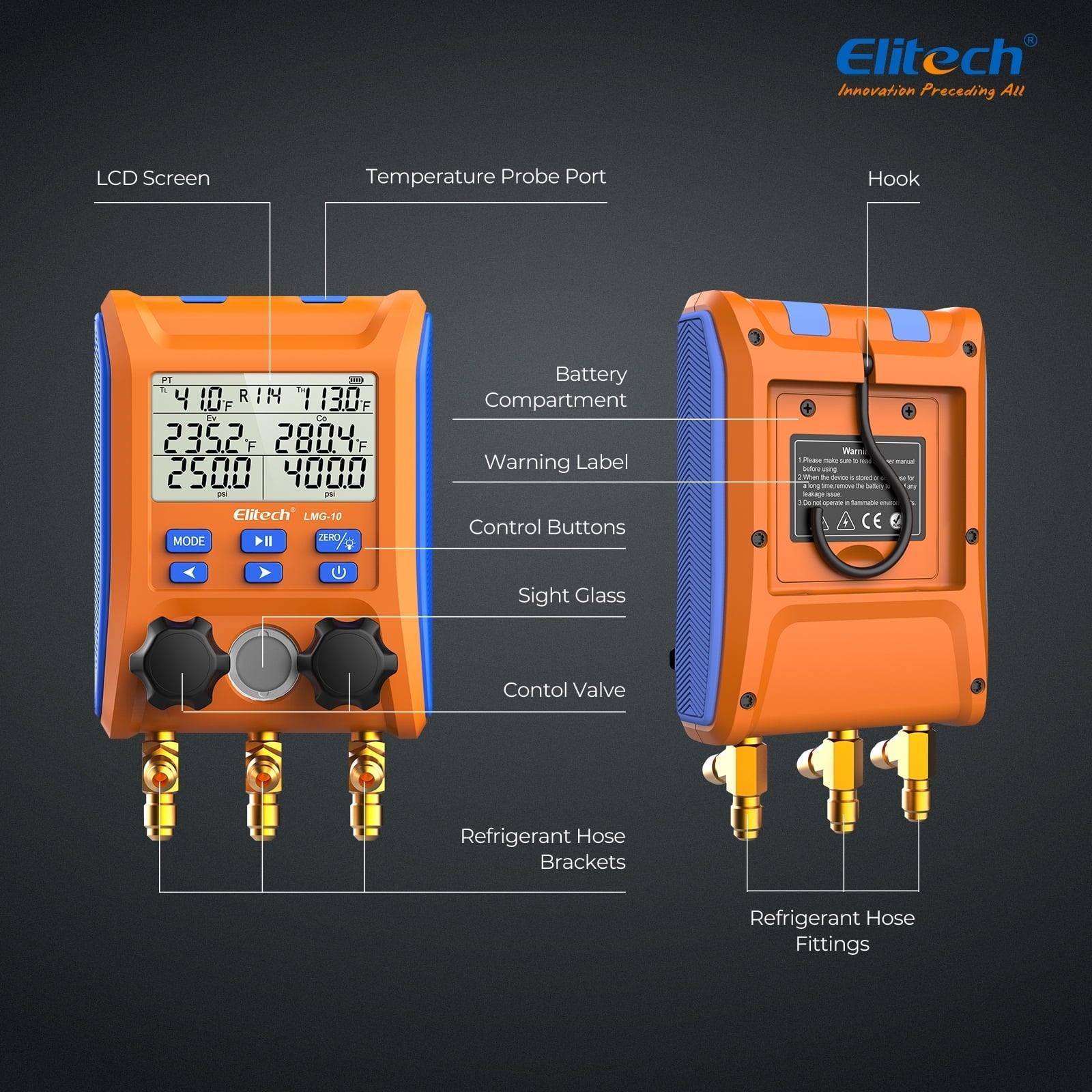 Elitech Digital Manifold Gauge HVAC 2-Way Valve with Thermometer Clamps