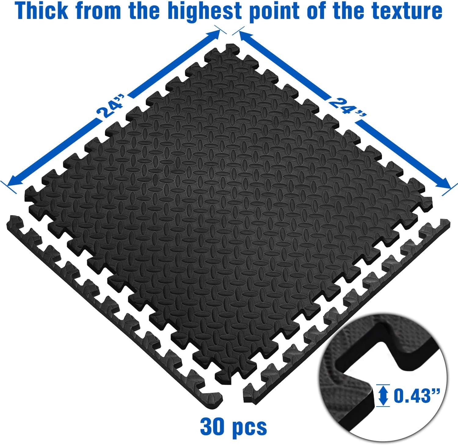 Yes4All 30 pcs Interlocking Exercise Foam Mats, Cover 120 sqft, 3/8 inch, Black Color