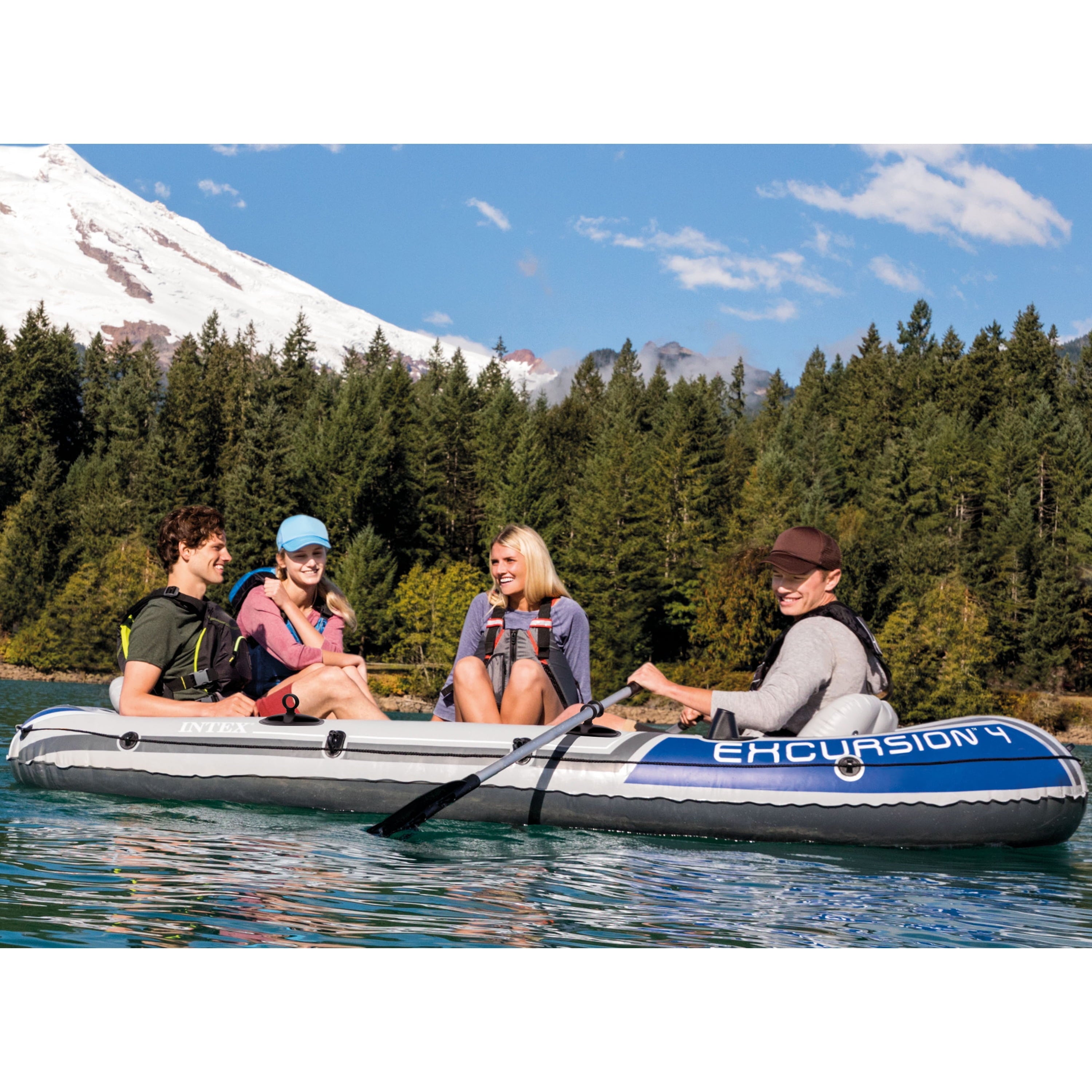 Intex Excursion 4 Person Inflatable Rafting and Fishing Boat Set with 2 Oars